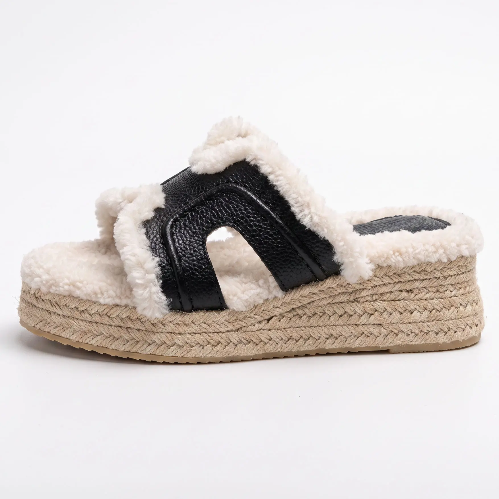 ReneChristine Women's Stylish Hollow-Cut Fuzzy Wedge Slide Sandal - Slip-On Open-Toe Warm Platform Heel Footwear for Indoor, Outdoor Use
