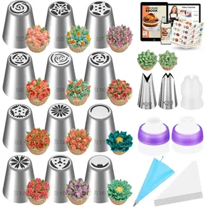 48 count Russian Piping Tips Set, Piping Bags and Tips Set with 12 Russian Tips, 2 Icing Tips, 30+1 Pastry Bags, 3 Couplers for Cake Decorating, Cupcake, Cookie, Baking