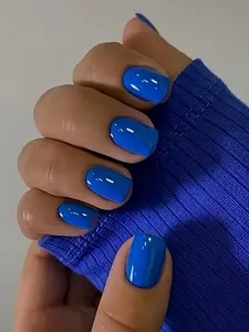 24pcs/Set Blue Acrylic Press-On Nails, Medium Square Artificial Nails, Reusable Gel Nail Tips, Natural Glossy False Nails, Full Cover Nail Art Supplies, 12 Sizes, Light Blue