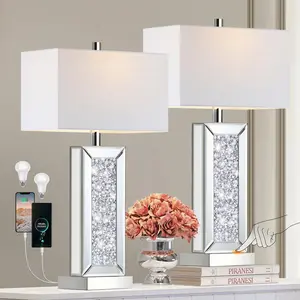 Modern Table Lamp Set of 2 Touch Control, Silver Mirror Big Diamond Crystal Bedside Lamp with USB C+A Ports, 3-Way Dimmable Mirrored Nightstand Lamps White Fabric Shade for Living Room Bedroom