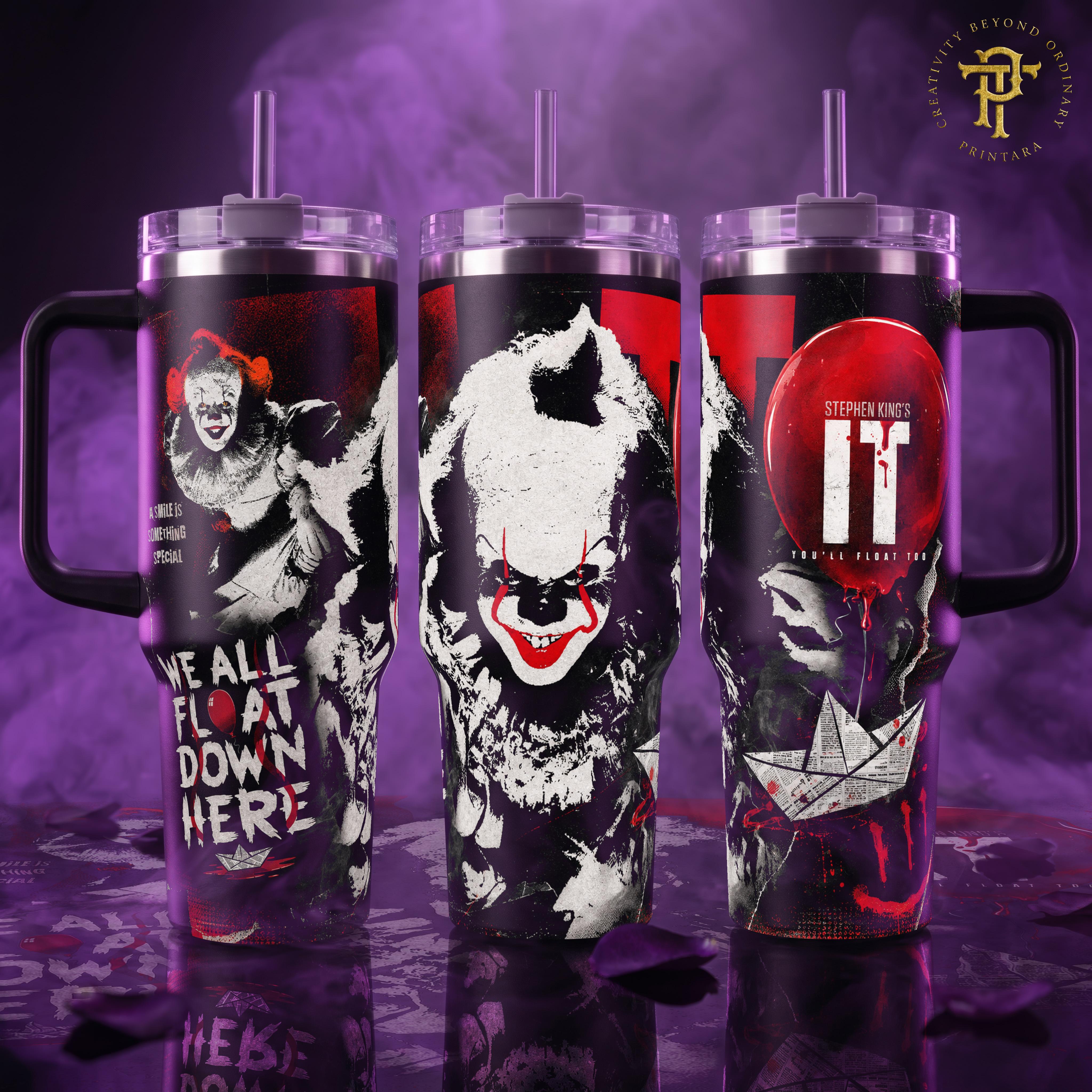 Pennywise IT Stephen King We All Float Down Here Halloween Horror Clown Red Balloon 40 20 oz Tumbler Stainless Steel Vacuum Insulated Film Merch Dark Aesthetic Design Gift for Fans