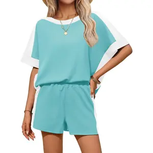 Fessceruna Womens 2 Piece Summer Outfits Oversized Short Sleeve Tops and Shorts Matching Sets Color Block Lounge Set