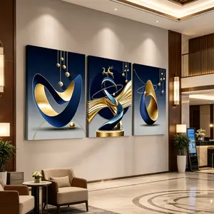 3 Piece Modern Abstract Canvas Wall Art, Blue & Gold Geometric Prints, Framed Contemporary Artwork, Waterproof HD Posters for Living Room Corridor