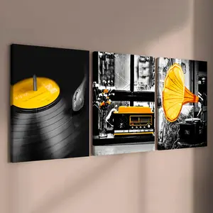 Wooden Framed Canvas Painting, 3 Counts/set Vintage Musical Instrument Pattern Wall Art, Wall Decor for Home Living Room Bedroom Office