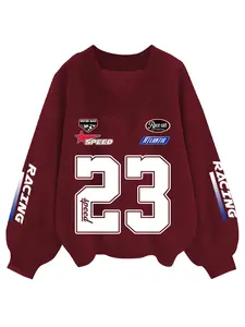 Women's Number Print V Neck Sweatshirt, Casual Long Sleeve Pullover for Fall & Winter, Women's Clothes for Daily Wear, Womenswear Tops