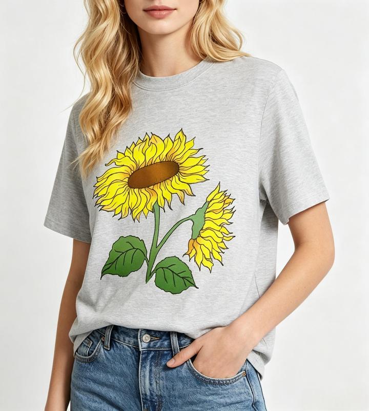 Women's Gray Classic Crew T-Shirt - Short-Sleeve or Cap-Sleeve Options, Premium Cotton, Casual, Fit, Floral Print, Breathable, Stylish, #sohochic