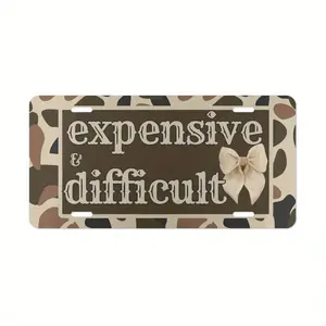Expensive& Difficult Vanity Plate/Camo License Plate/Camo Bow Vehicle Tag/Country Girl Camo Tag/Country Diva Tag/Western Bow Tag, Aluminum Front License Plate- 6x12- inch polished metal standard plate, easy to install, for decor only, Made in USA