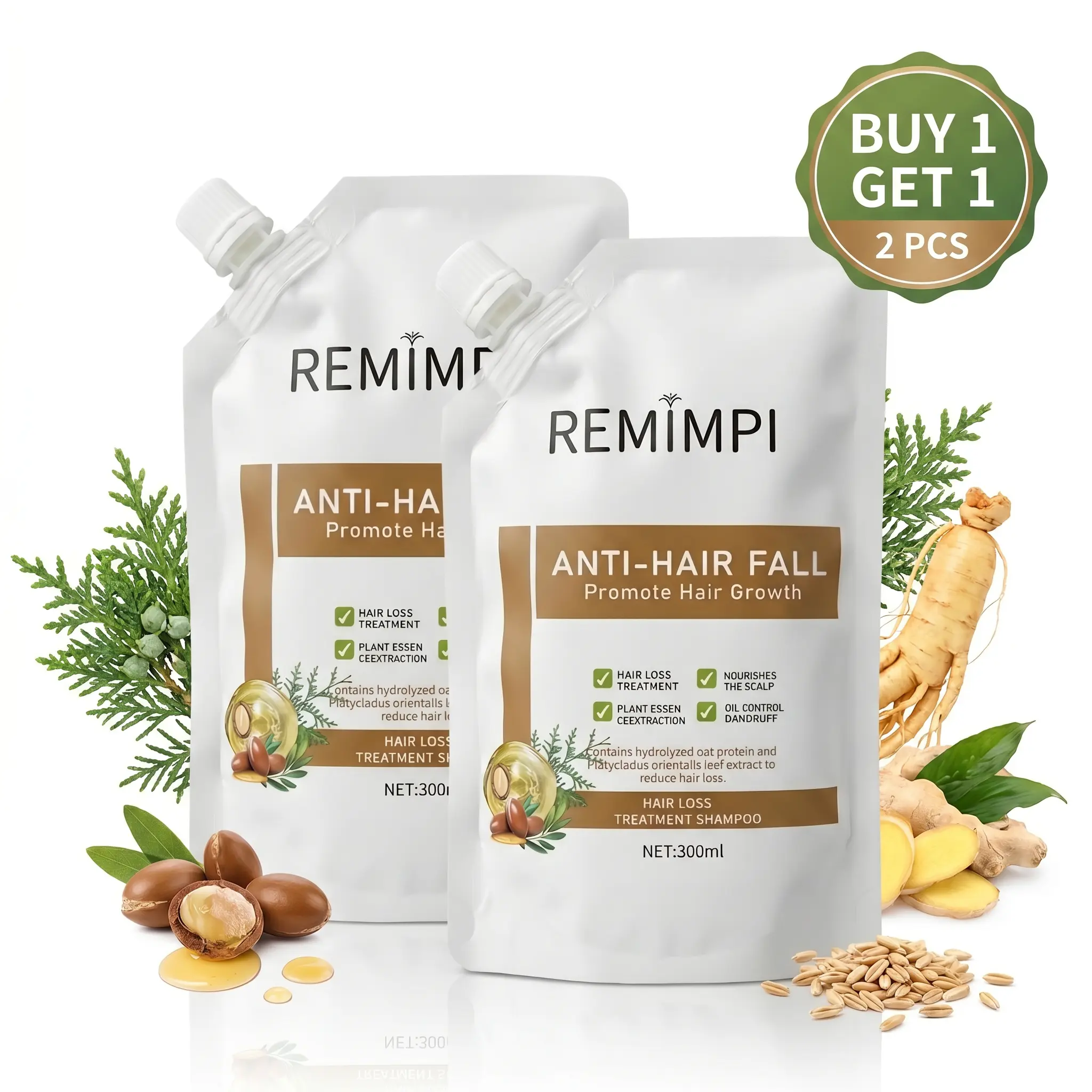 【Buy 1 Get 1 Free】REMIMPI Anti-Hair Fall Hair Loss Treatment Shampoo Oil Control Anti dandruff Haircare Ginseng Ginger Help Hair Growth Jojoba Oat Repair Reduce Hair Loss Scalp Cleanser Conditioner300ML summerwins