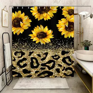 Sunflower & Leopard Print Shower Curtain, 1 Count Waterproof Shower Curtain with 12pcs Hooks, Bathroom Decor Supplies for Home, Hotel, Apartment, Dorm, Spa