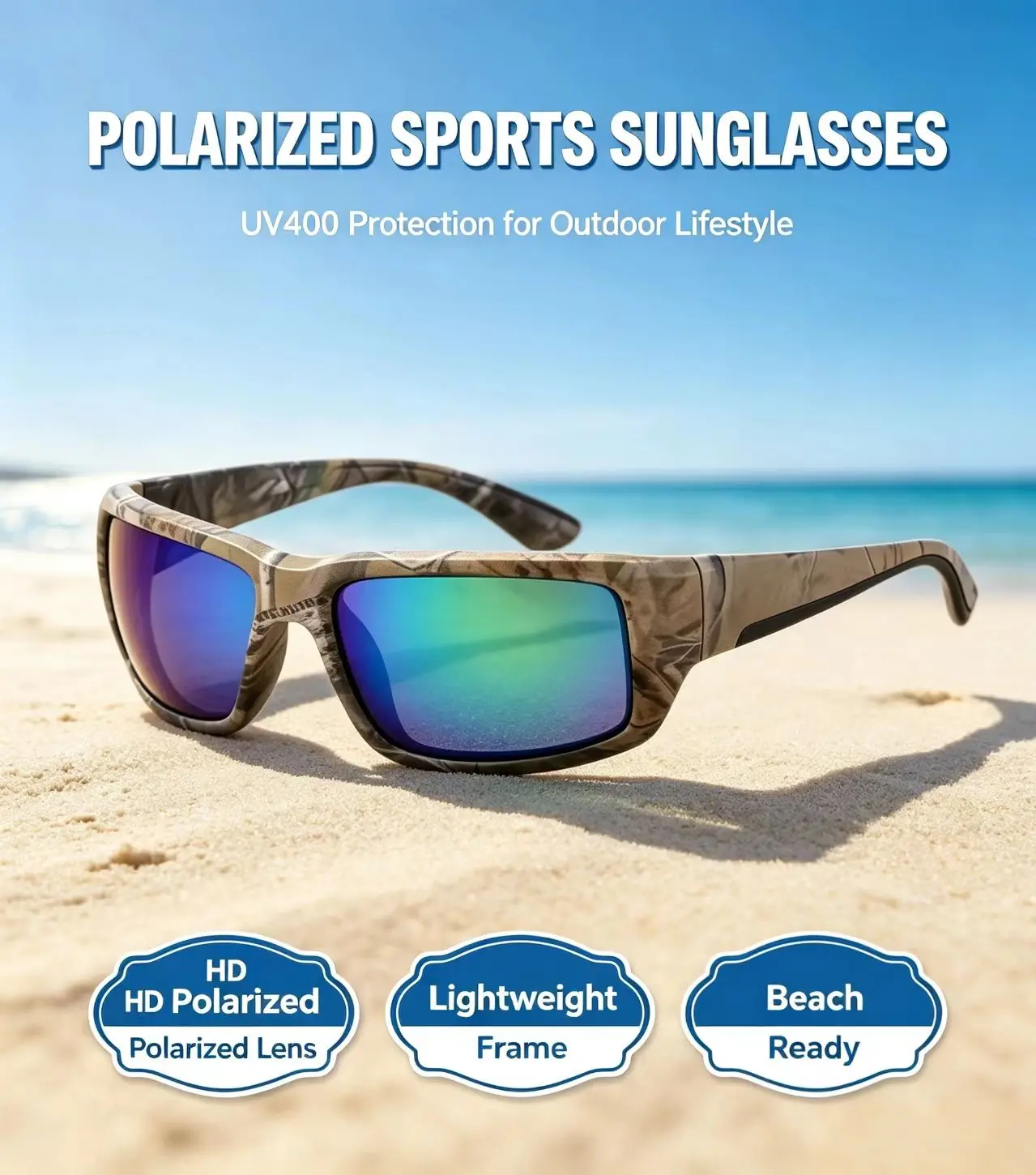 Unisex Polarized Wrap Around Sports Sunglasses, UV400 Anti-Glare HD Lens, Lightweight Frame, Outdoor Eyewear for Driving, Fishing, Cycling, Running, Boating, Golf, Beach, Travel, Hunting