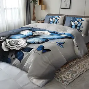 Blue Butterfly Rose Flower High Definition Print Bedding Set, 2/3pcs, 1 Fitted Sheet + 1/2 Pillowcases No Core, All Seasons Home Dorm Luxury