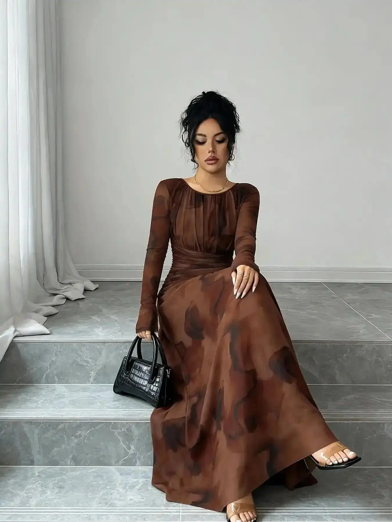 A women's brown ink wash pleated dress with elements adding layers, long sleeved design for sun protection, suitable for commuting to work, shopping and outdoor activities, Casual Boho Bohemian Elegant Modern easy care