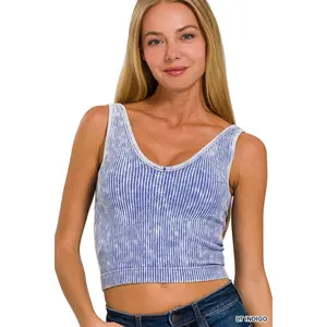 WASHED RIBBED CROPPED BRA PADDED V-NECK TANK TOP ZENANA LT INDIGO