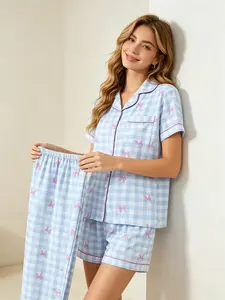 Women's 3 Piece Pajama Set, Button Front Short Sleeve Top + Shorts + Long Pants, All Season Wearable, Light Blue Gingham Pink Bow Print, Korean Lazy Style, Soft Gentle Home Loungewear Pyjamas