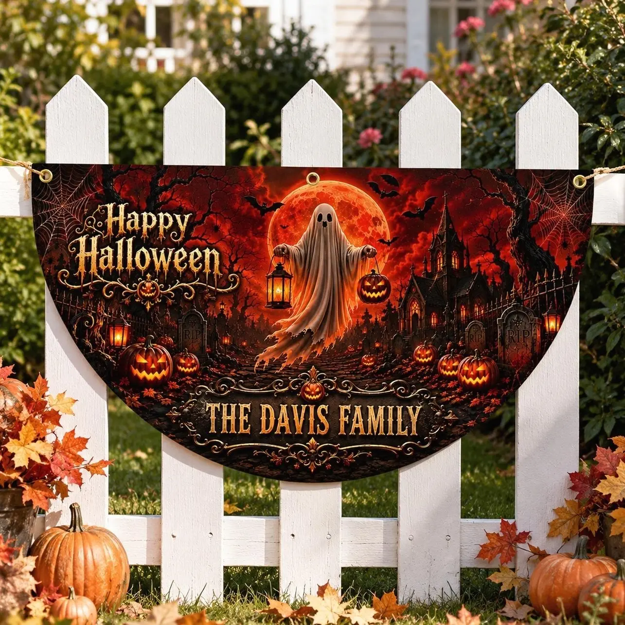 Personalized Halloween Fan Flag Banner, Custom Family Name Halloween Bunting Flag, Ghost Pumpkin Porch Decor, Outdoor Front Door
