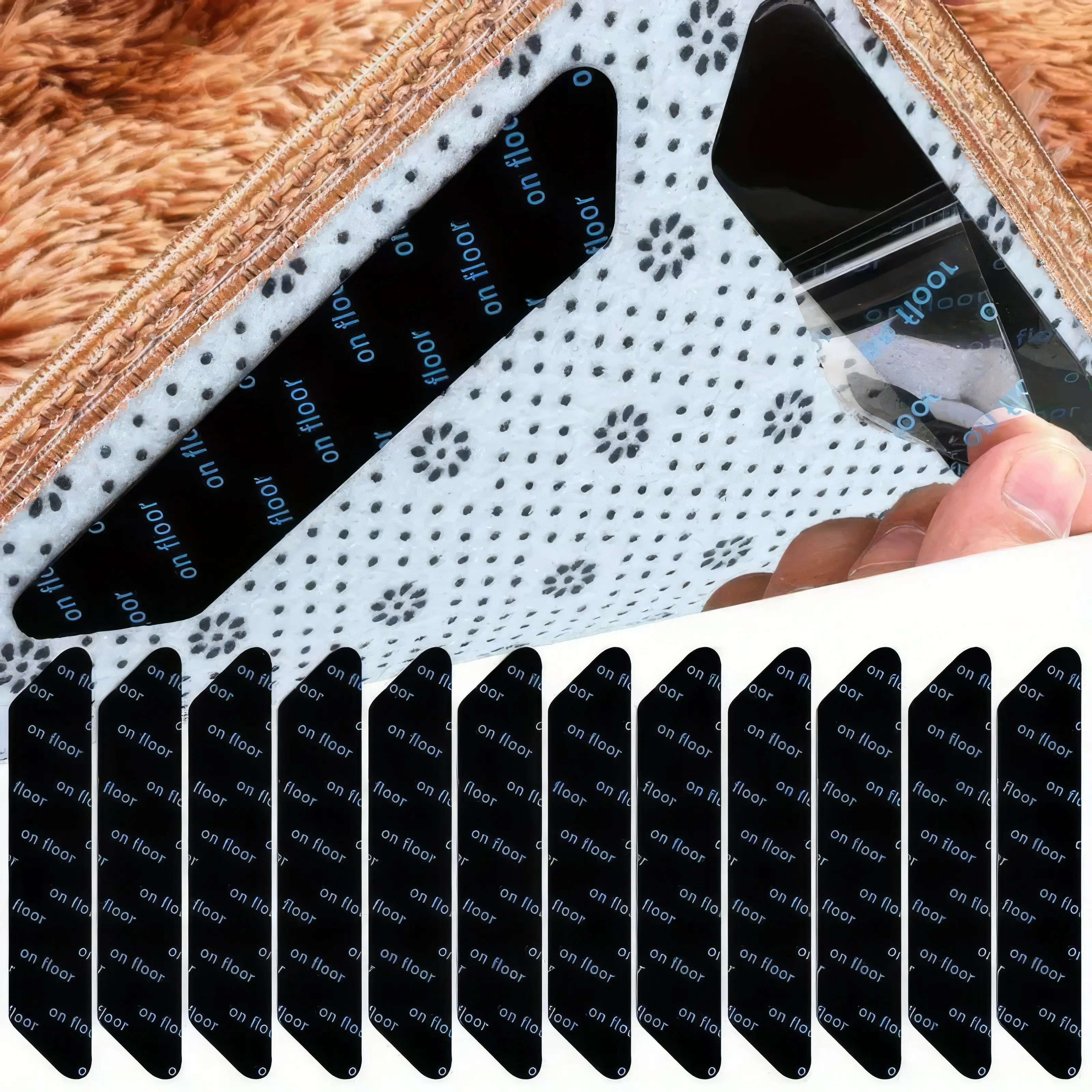 Heavy Duty Traditional Durable Geometric Anti-Slip Rug Grip Tape & Pads, 12-Piece Double Sided Carpet Gripper Adhesive Patches, Sticky Tapes for Runners & Mats, Prevents Movement on Hardwood or Tile
