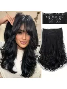 Clip in Synthetic Wavy Hair Extensions For Women- 4PCS 14" Shor Wavy Hairpieces - Invisible Lace Weft - Natural Soft - Black
