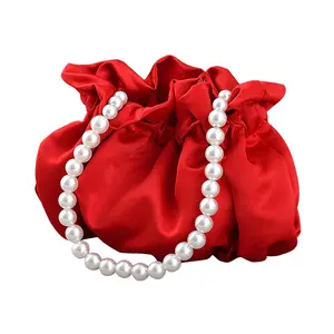 LAKSMI Wristlet Cute Purses Mini Bucket Bag Women Hobo Bag with Faux Pearl Chain Elegant handbag Pleated Clutch sacy  pearl