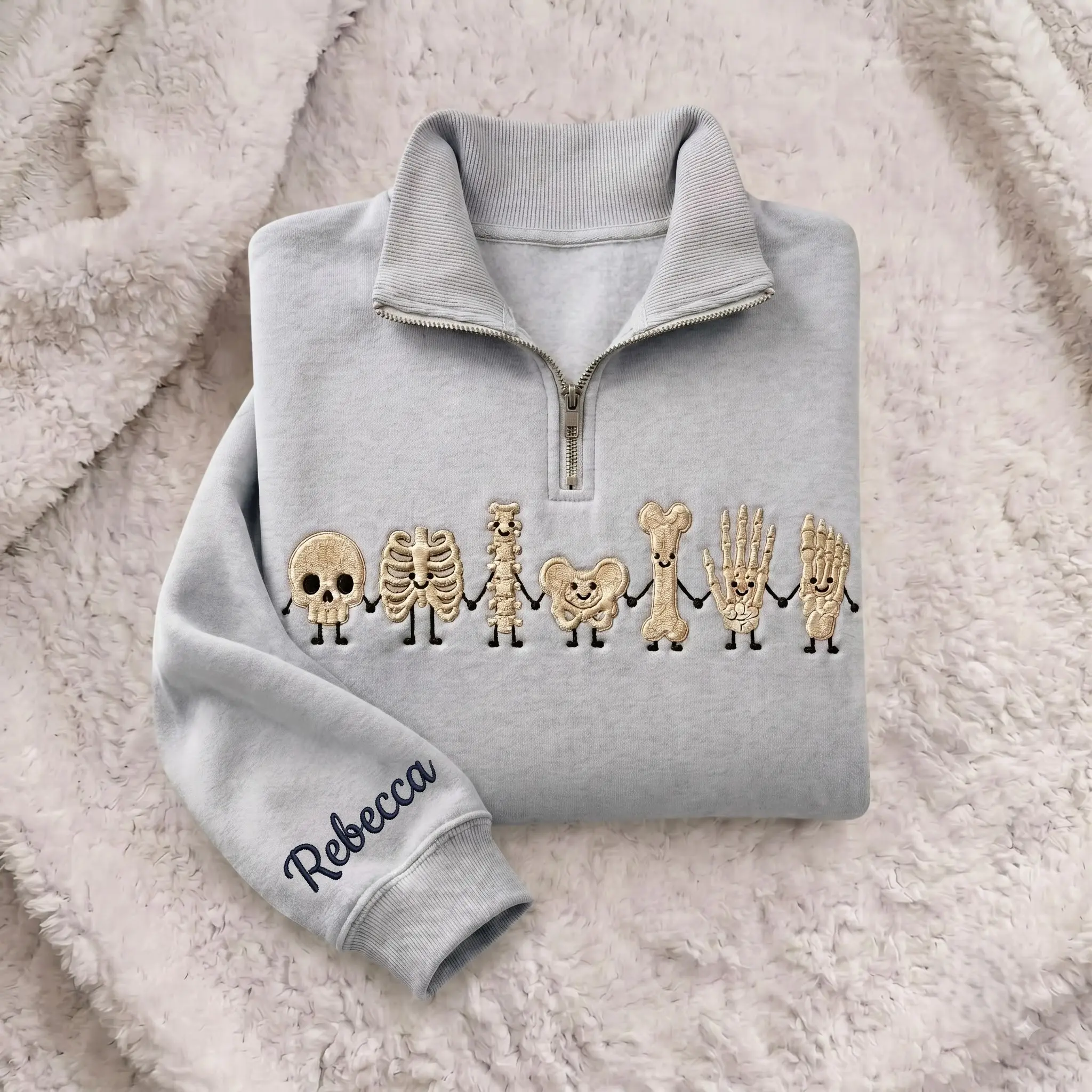 [MADE IN US] Persionalized Radiology Tech Skeleton Embroidered Quarter Zip, Cute X-Ray Tech Quarter Zip Sweatshirt, Radiologic Technologist Pullover, Rad Tech Gift