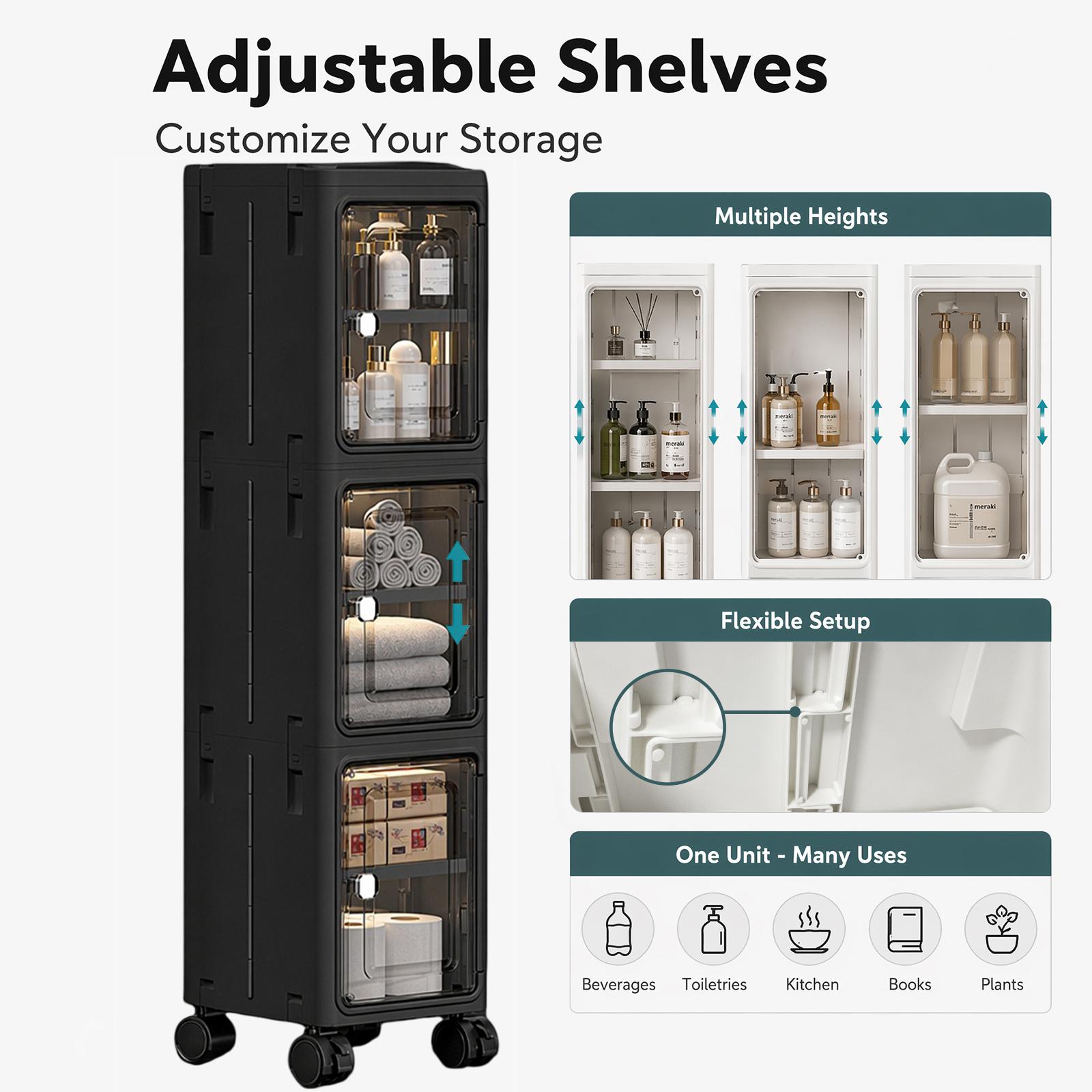 Slim Narrow Foldable Storage Cabinet, Magnetic Transparent Door Tall Organizer with Rolling Lockable Casters, Adjustable Layer Plastic Cabinet for Kitchen Gaps, Bathroom & Laundry Room Home Storage