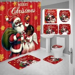 4Pcs Christmas Shower Curtain Bathroom Set - Black Santa Claus Girl Non Slip Rugs Toilet Lid Cover Bath Mat with 12 Hooks Xmas Decorations Shower Curtain Sets