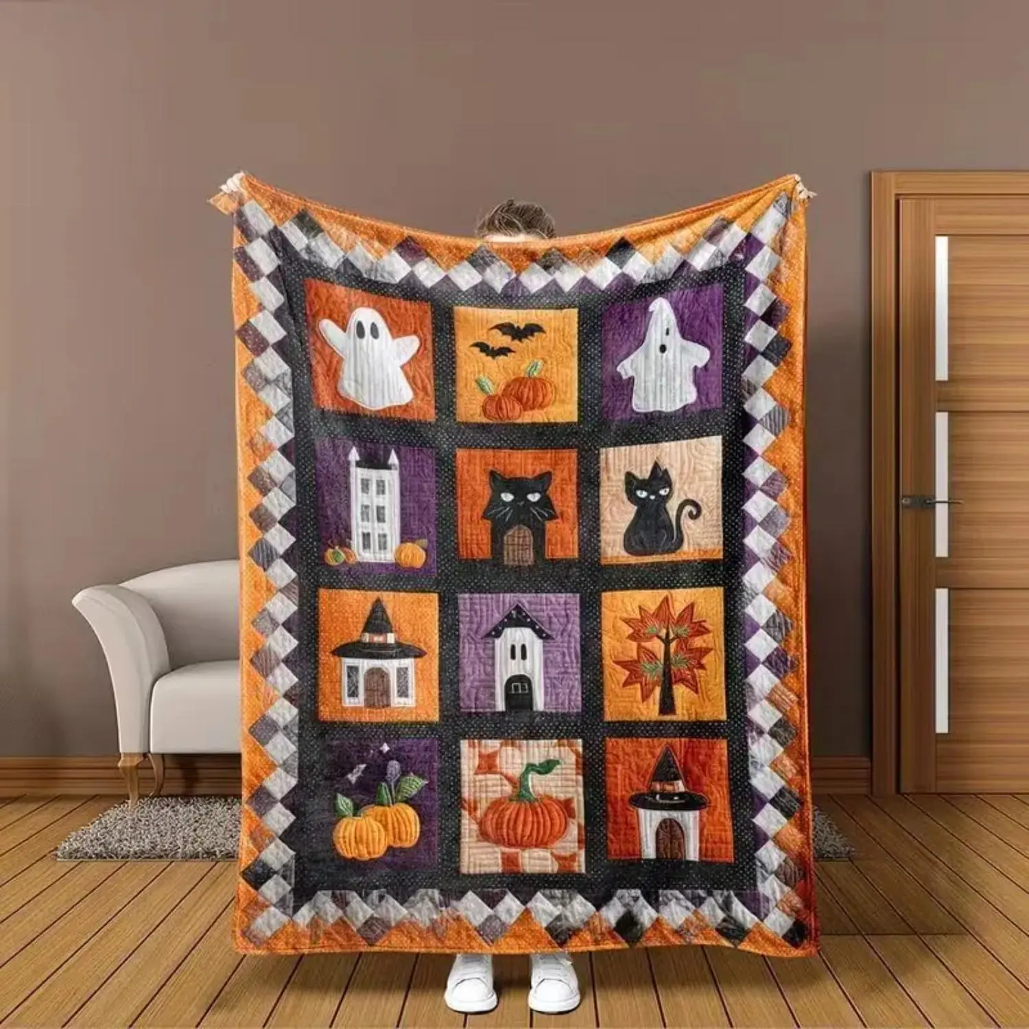 Vintage Patchwork Halloween Quilt, Ghost Cat Pumpkin Haunted House Pattern, Thick Warm Blanket, All-Season Sofa Bedroom Office Camping Decor