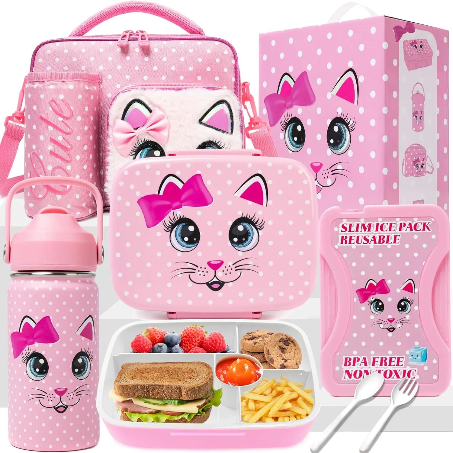 Bento Box for  with Ice Pack Lunch Box for Girls 5-12 for School with Lunch Bag Set Cute  Lunch Box Containers with Stainless Steel Water Bottle for  Girls