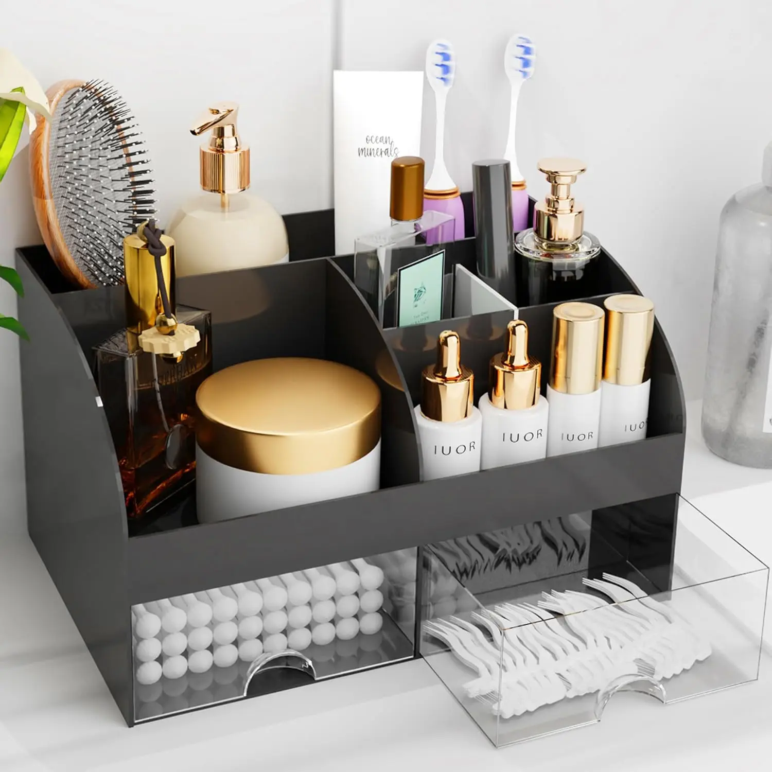 Makeup Organizer with Drawers,  Storage for Dresser Vanity and Bathroom Countertop, Beauty Holder for Lipstick Brush, Skincare Organizer for Vanity,  Display Case (Black)