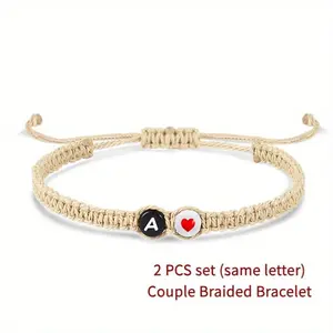 2 pcs set, 26 Letters Acrylic Peach Heart Braided Couple Bracelet, A- Z Initial Name Family Name Hand-Woven Adjustable Alphabet Bracelet, Jewelry for Men and Women, Couple Family Friends Girlfriend Boyfriend Valentine's Day Birthday Christmas Gift