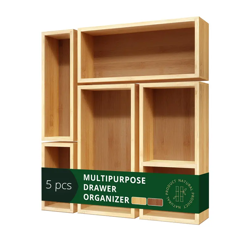 5 PCS Bamboo Drawer Organizer Set - Natural Wood Grain Storage Trays with Multi-Compartment Design, Bamboo Material for Kitchen, Office, Makeup & Jewelry Organization - Space-Saving Organizer with Sturdy Lid-like Top for Utensils, Jewelry, Small Parts
