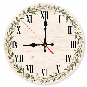 1PC 9.8-Inch Silent Non-Ticking Wall Clock - Rustic Wood Grain, Green Leaf Wreath Design, Roman Numerals, Easy-to-Read Battery-Operated Round Clock for Kitchen, Living Room, Farmhouse Home Decor