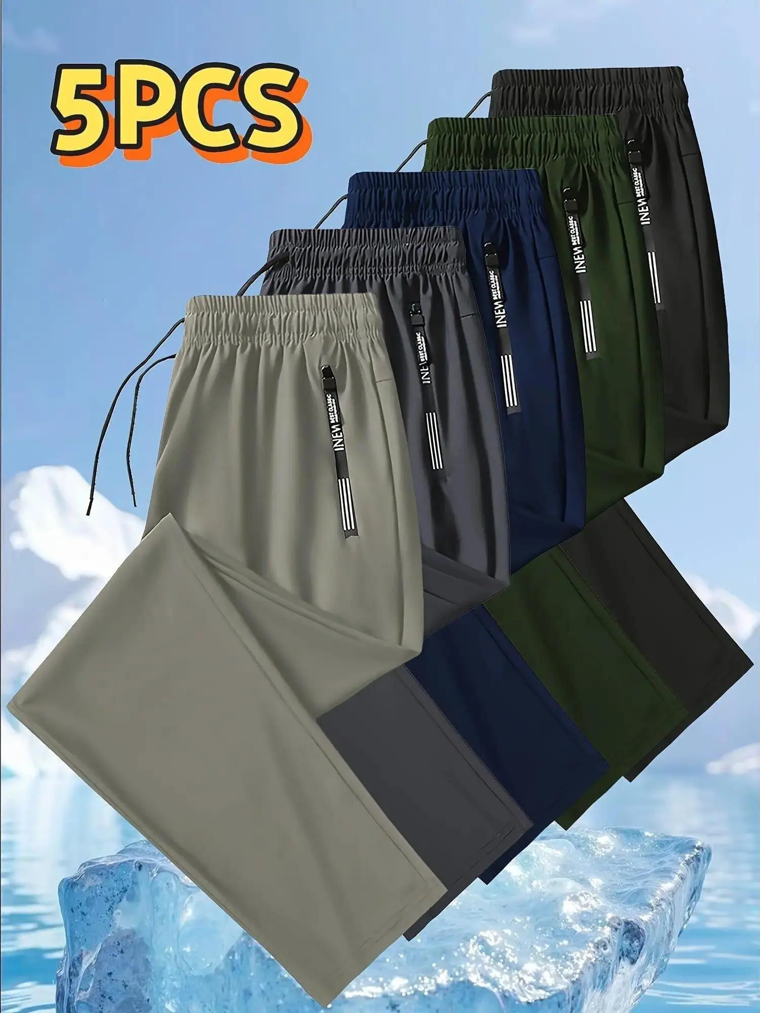 5-Pack Men’s Ice Silk Casual Joggers - Lightweight, Breathable Mid-Stretch Fabric, Adjustable Elastic Waistband, Full-Length Straight Leg with Pockets, Solid Color Outdoor Sport Pants, Machine Washable, Comfortable Fit