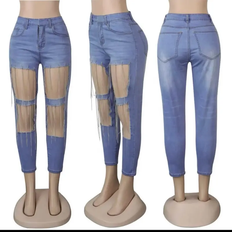Womens Sexy Ripped Jeans High Waisted Pearl Chains Baggy Jeans | Rhinestones Embellished Jeans,Distressed Cutouts,Straight Leg,Party