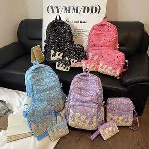 Kawaii Sweet Dripping Ice Cream Print 3Pcs School Bag Bundle, Pink Blue Purple Black Cute Sprinkle Pattern Backpack Set For Elementary Middle High School Girls Back To School Supplies Gift