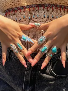 Women's Vintage & Boho Style Turquoise Inlaid Rings Set, Zinc Alloy Casual Jewelry for All Seasons, Perfect Gift for Daily Wear