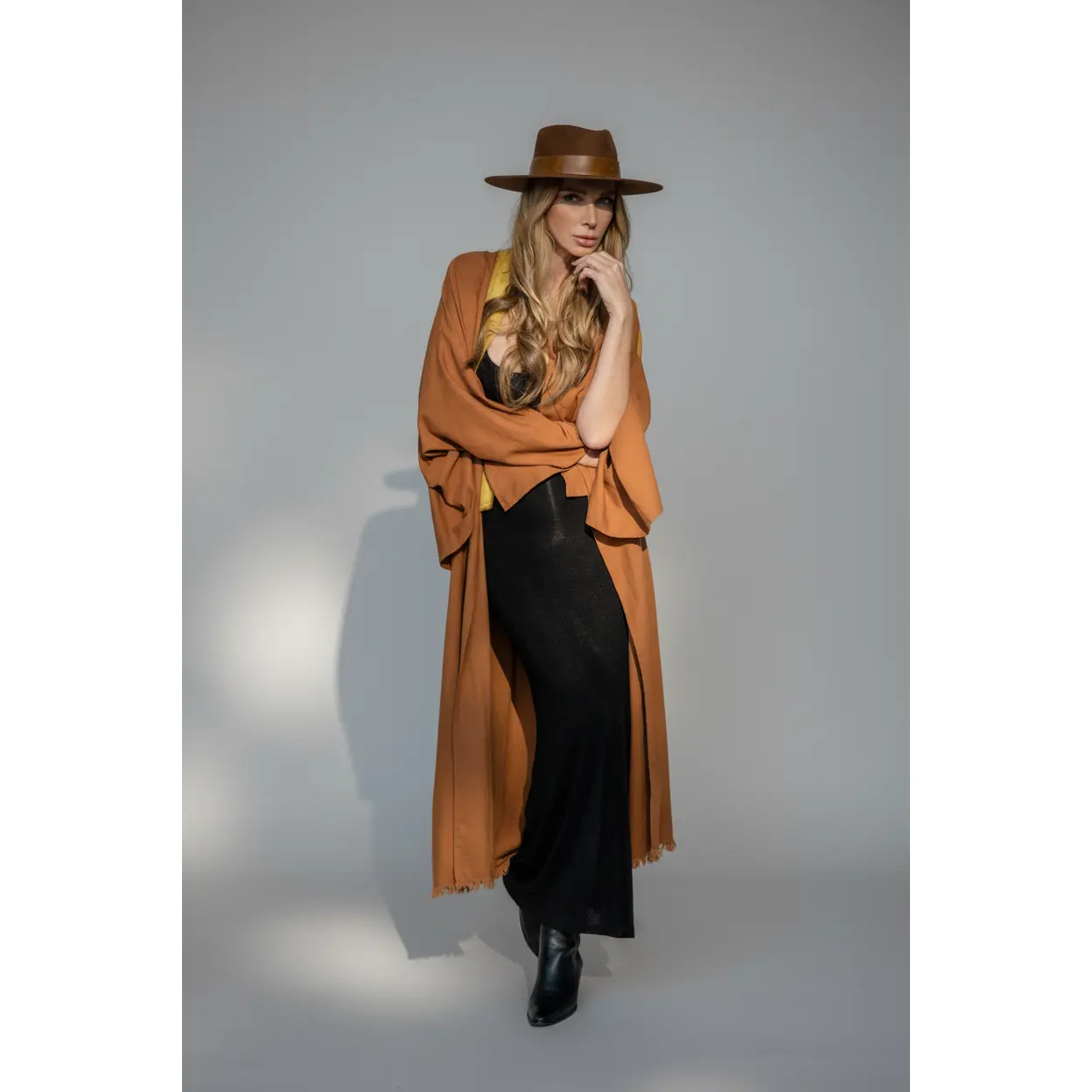 Women's Hand-Painted Kimono in Washed Linen Cotton - Maxi Length All-Season Robe with Pleated Slit Sleeves and Fringe Hem, Fabric, All-Season Wear, Slip, Branched Leaves, Artistic Flair, Architectural Flair, One Size