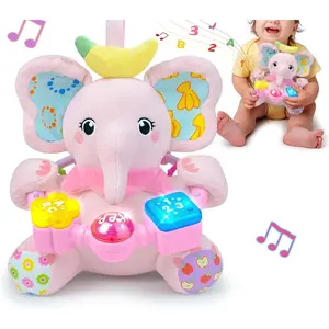 P-MTS019  Baby Elephant Musical Stuffed Animals Toy with Light-Up Music & Crinkle Sound Paper,Infant Bilingual Early Learning Education Toys,Tummy Time Toys for 0-3-6-12+ Months Boy Girl, Pink