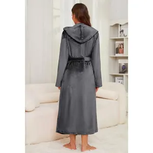 Womens Long Hooded Fleece Robe, Soft Warm Spa Bathrobe for Cozy Lightweight Loungewear Womenswear Gowns Nightwear Bridal Basic Black