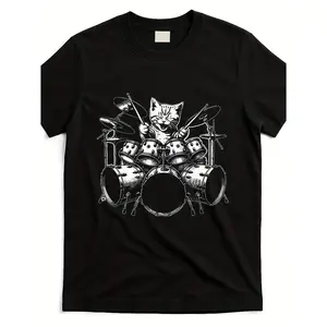 Matching Cat Drummer Band TShirt for Men and Women Retro Rock Style Cotton Casual Round Neck