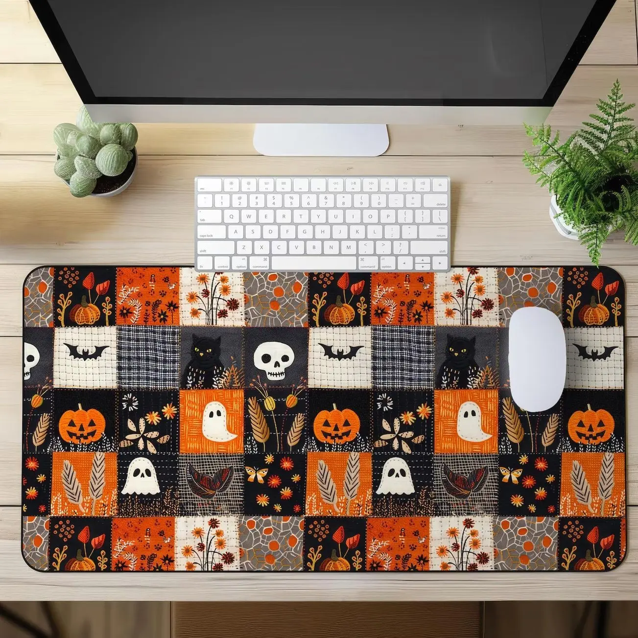 Halloween Patchwork Desk Mat, Spooky Quilt Mouse Pad