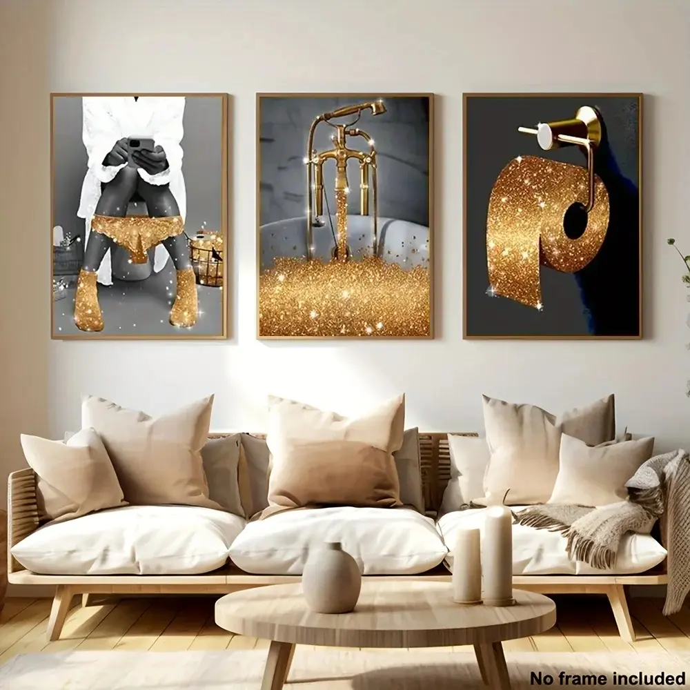 3pcs/set Frameless Canvas Print Picture Image Prints Painting Bathroom Fashion Woman Bling Toilet Roll Paper Poster Women Funny Bathroom Decoration Items Wall Art Poster Modern Art Design
