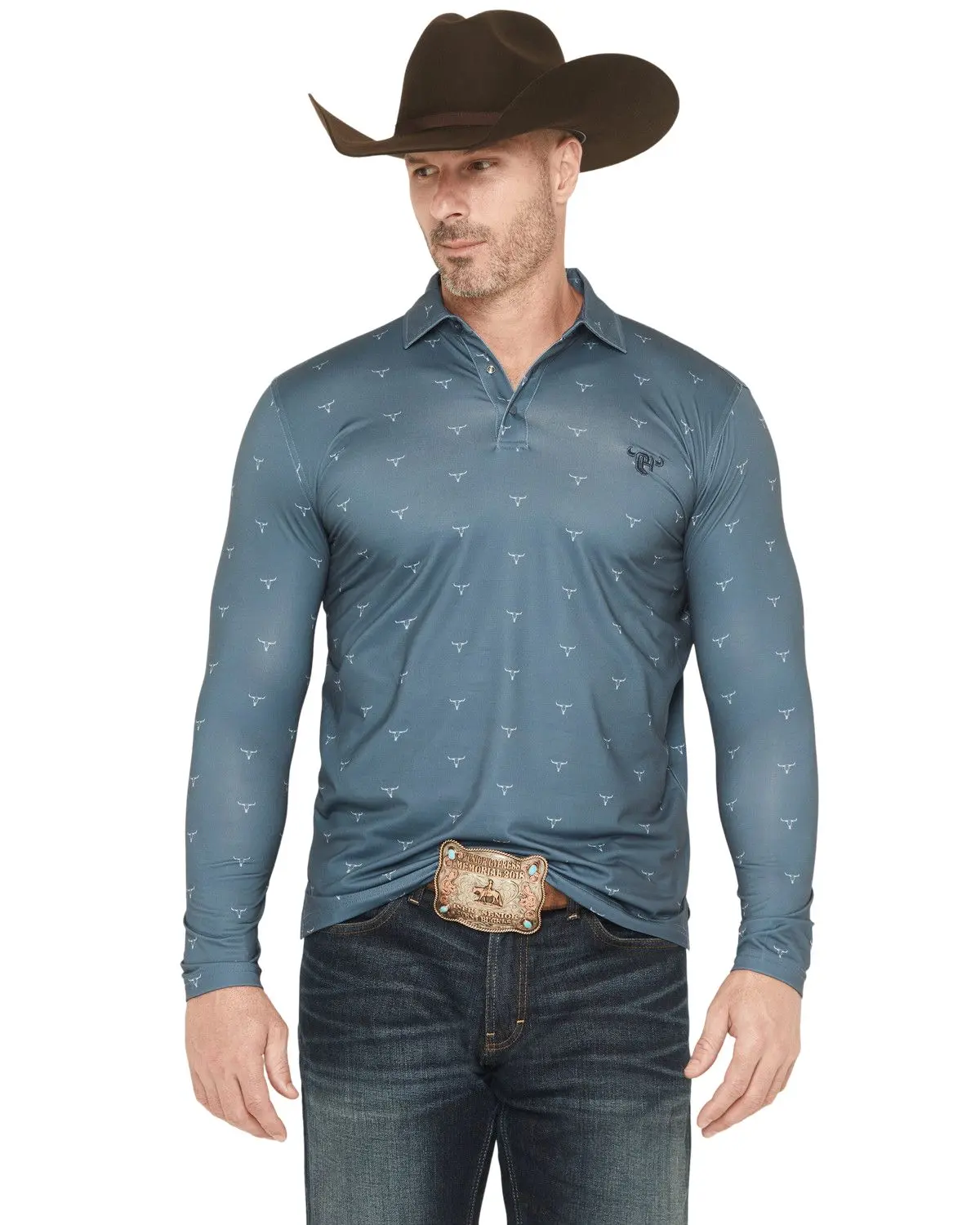 Men's Cowboy Hardware Men'S Steerhead Print Long Sleeve Snap Polo - 114001-414