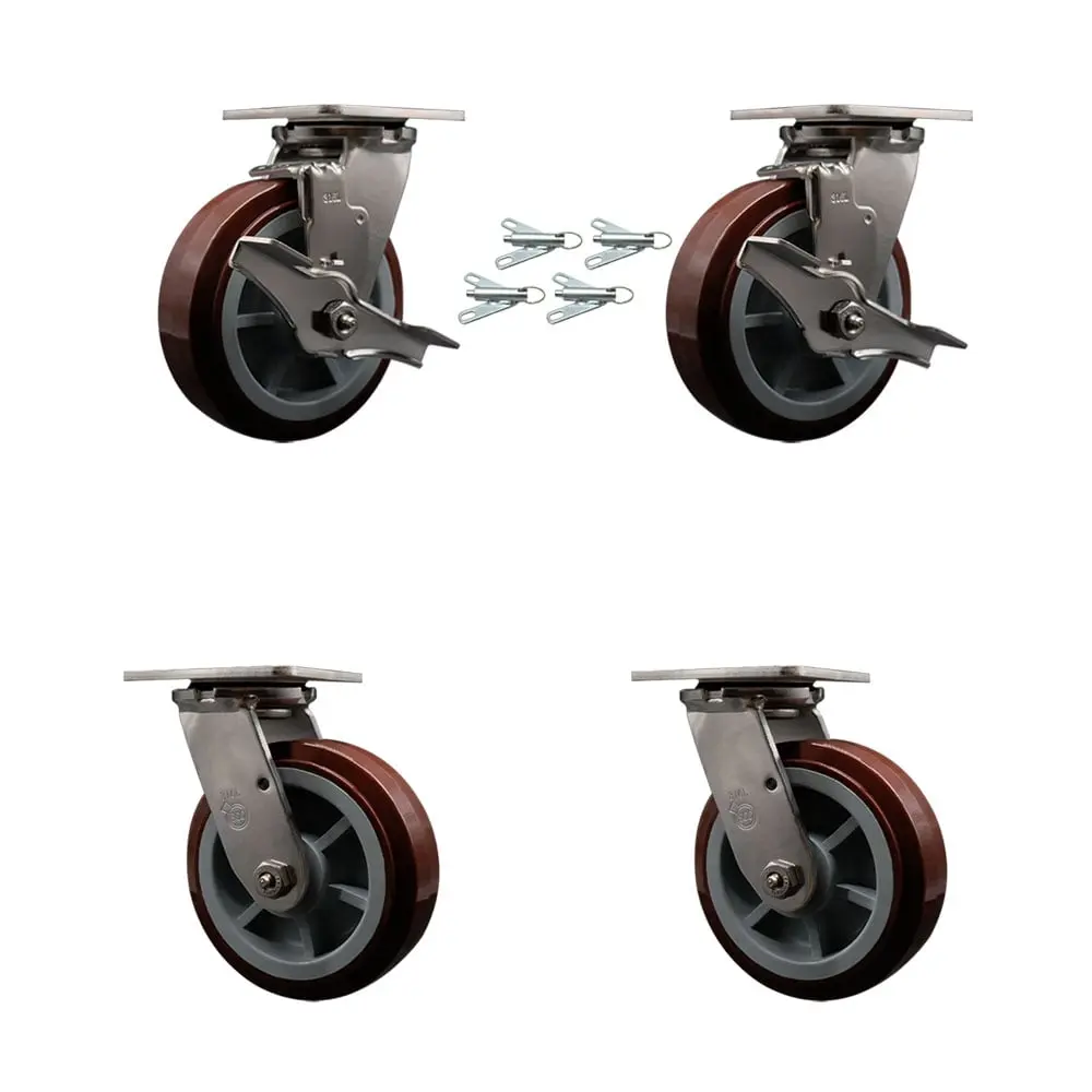 Service Caster SCC-SS31630S620-PPUD-TLB-BSL-2 316 Stainless Steel Heavy-Duty Swivel Casters Set (2 Swivel with Brakes), 6" Polyurethane Wheels, Delrin Bearings, 3600 lbs Capacity for Commercial Equipment, Dollies, Freight Terminals, Food Service Carts