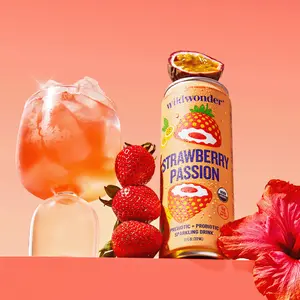 wildwonder Sparkling Probiotic Drink For Gut Health & Immune Support, Strawberry Passion, 5g Prebiotic Fiber, Live Probiotics, Organic, Vegan, Low Sugar, 12oz Can, As Seen on Shark Tank