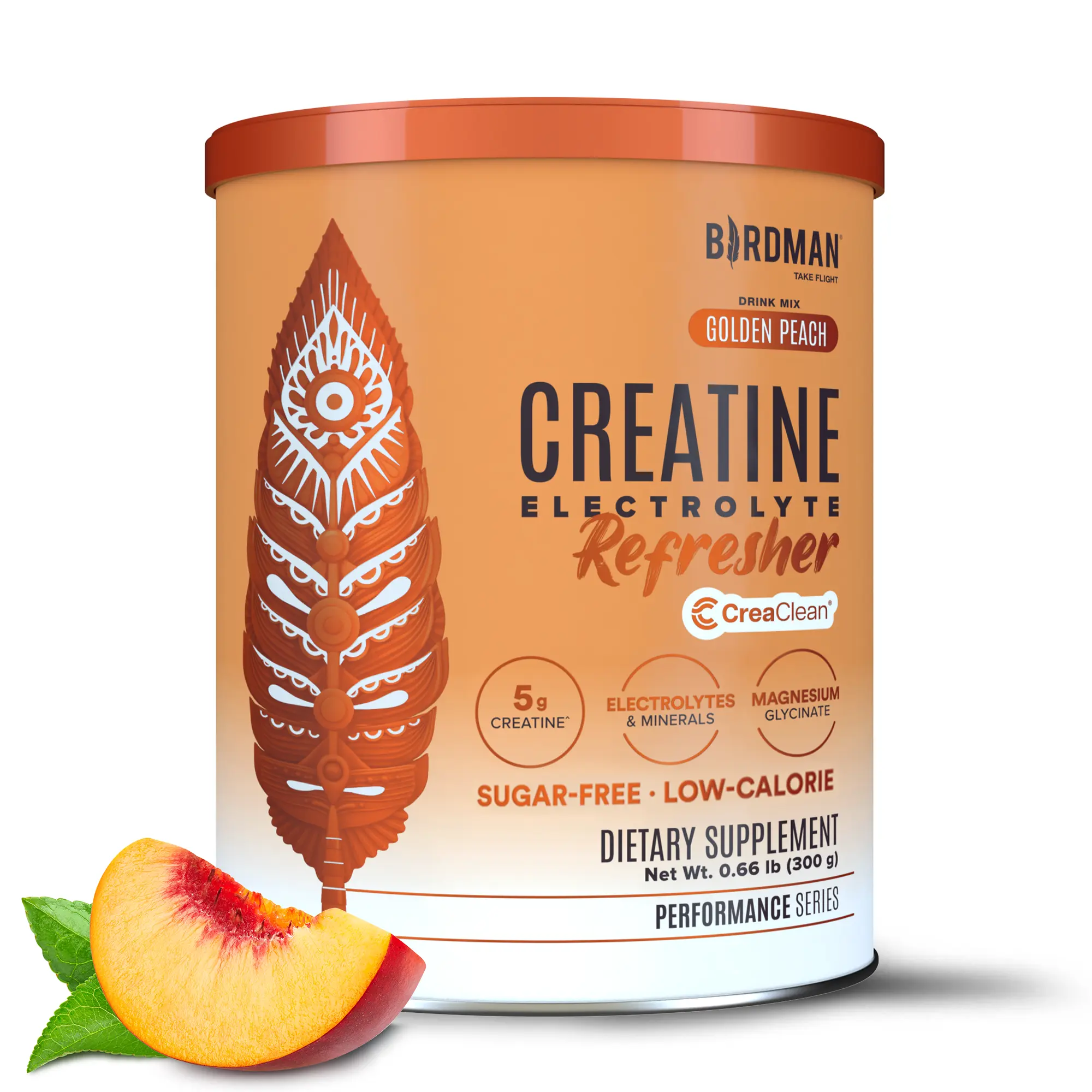 Birdman Creatine Refresher Golden Peach Dietary Supplement - 5g Creatine Monohydrate, Electrolytes, Magnesium Glycinate - Sugar-Free Fitness Hydration Mix for Energy, Recovery - Vegan, CreaClean Third-Party Tested, 30 Servings, Electrolyte Boost