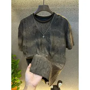 Summer New Luxury Men's Starry Sky Short Sleeve T-Shirt Trendy Sequin Gradient Distressed Crew Neck Top Casual Streetwear Fashionable Classic Tshirt