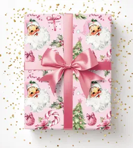 Pink Christmas Wrapping Paper, Pink Coquette Bows, Vintage Inspired Pink Christmas Wrapping Paper, Santa Claus, Christmas Tree, Holiday Wrap, Gift Wrap, Retro, Festive, Gift Packaging, Christmas Wrapping Paper For Girls