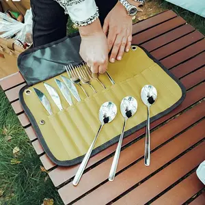 Portable Outdoor Tableware Storage Bag Organizer for Stainless Steel Camping Cutlery Cooking Utensils Durable Waterproof Lightweight Camp Kitchen Gear Bag for Travel Picnic Hiking Backpacking BBQ