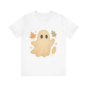 Men's Halloween with a spooky yet friendly ghost theme Graphic T-Shirt - Short Sleeve Crew Neck Regular Fit Casual Wear | Soft & Breathable Fabric, Durable Print, Everyday Comfort, Machine Washable, cute and minimalist illustration Autumn or Halloween