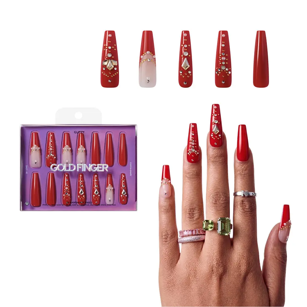 Gold Finger Glitzy 3D Press-On Nails in Dreamy – 3X-Long Coffin Fake Nails, Classic Red with Rhinestones & Gold Studs, Luxury Glue On Nails, 28 Pc Kit